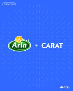 Blue square with the yellow and green Arla logo on the right, a white plus sign in the middle and the word 'Carat' in White block capitals