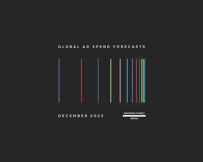 A graphic design on a dark background titled "GLOBAL AD SPEND FORECASTS." The center features a stylized row of thin vertical lines in various colors including purple, red, teal, green, and blue, which are spaced widely on the left and clustered tightly on the right. The bottom text reads "DECEMBER 2025" alongside the Dentsu logo and the tagline "INNOVATING TO IMPACT."